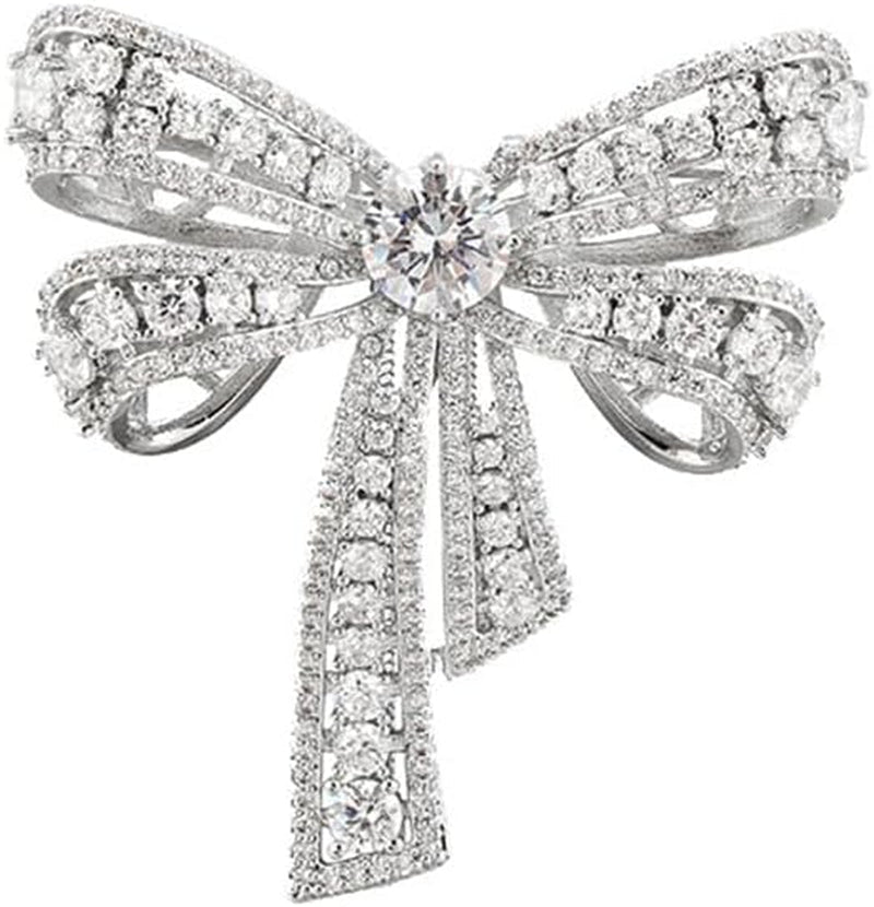 Rhinestone Bow Brooch Pin for Women Shiny CZ Crystal Pearl Dangling Ribbon Bow Knot Lapel Pins Wedding Party Dance Banquet Dress Suit Shirt Scraf Clip for Clothes Accessories Jewelry