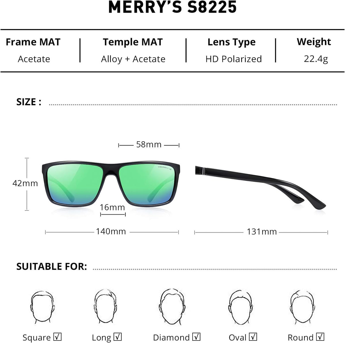 Rectangular Polarized Sports Sunglasses for Men Women Cycling Driving Fishing UV400 Protection S8225