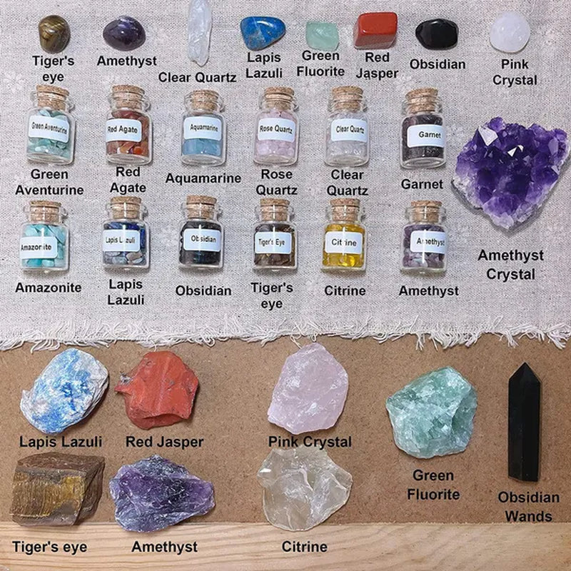 29 Crystals and Healing Stones Gemstone Bottles Chip,Raw Chakra Stones,Black Obsidian Wands,Witchcraft Supplies Healing Crystals Set,Chakra Healing Witchy Room décor Meditation Therapy Crystals