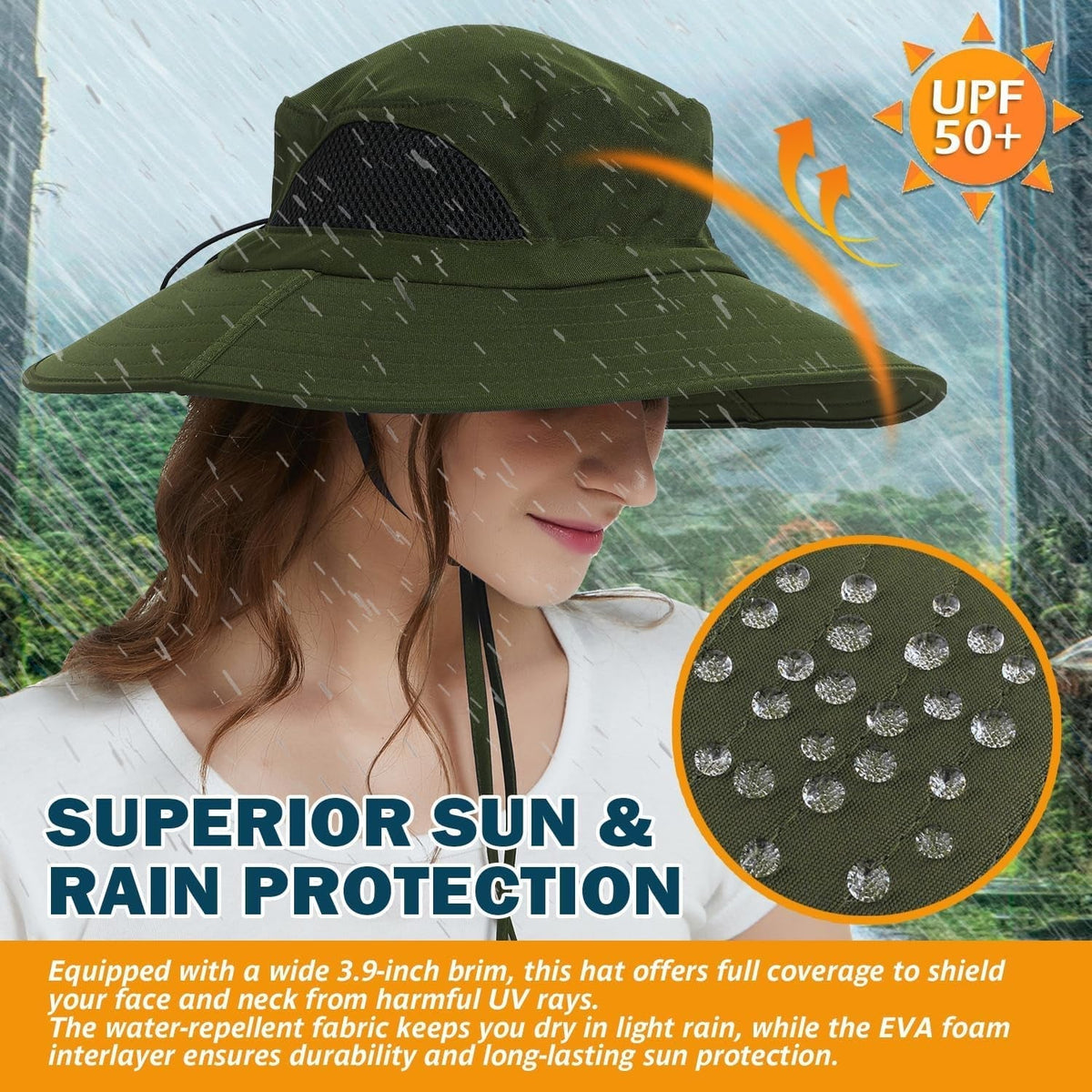 Wide Brim Sun Hat, UPF 50+ UV Protection Waterproof Packable Bucket Hat for Men & Women, Fishing Hiking Beach Garden