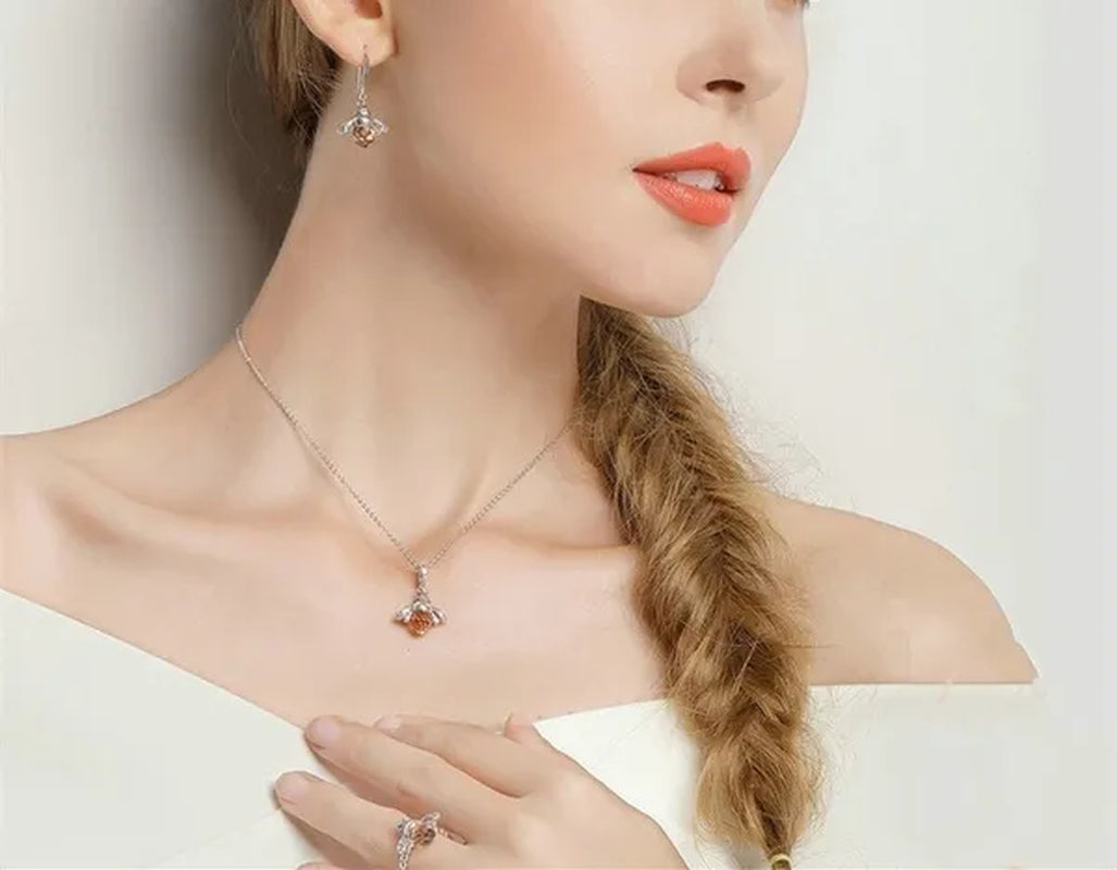 Fashion 925 Sterling Silver Queen Bee Crystal Gemstone Cubic Zirconia Ring Earrings Necklace Bracelet Jewelry Set CZ Charm Women Bridal Engagement Wedding Jewelry Set Gift