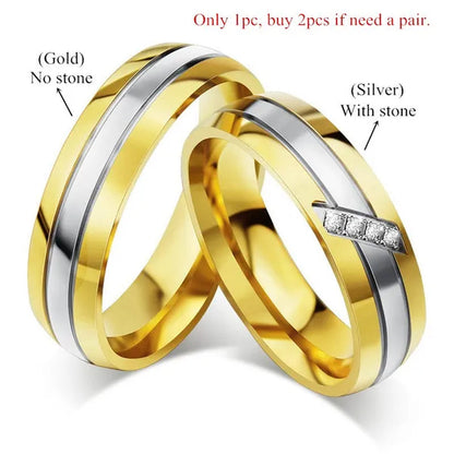 18k Gold Plated Silver Stripe CZ Wedding Band Engagement Promise Ring Men/Women's Stainless Steel Jewelry