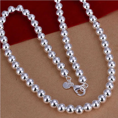 Fashion 925 Sterling Silver 8mm Hollow Smooth Round Beads Necklace Bracelets Set for Women Wedding Engagement Party Jewelry