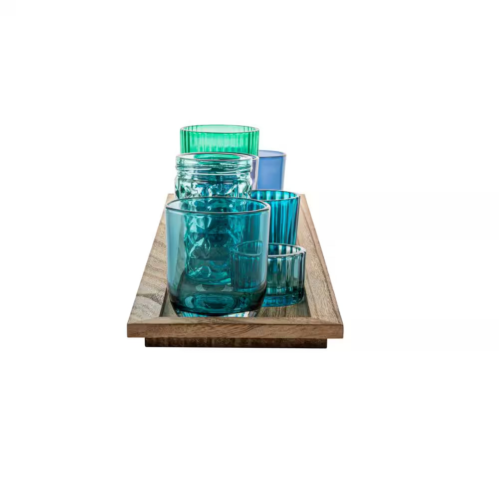 Blue and Green Glass Candle Holders on a Wood Tray (Set of 9)