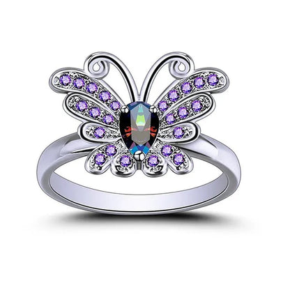 Jewelry 925 Sterling Silver Rainbow Topaz Filled Butterfly Ring for Teen Girls 4*6mm pear shaped high quality lab-created amethyst sapphire Pink gemstone Rings
