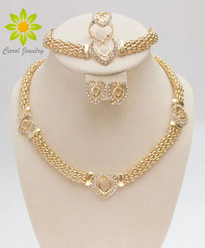Dubai Gold Plated Heart Shape Necklace Set Fashion Crystal Wedding Bridal Costume Jewelry Ses