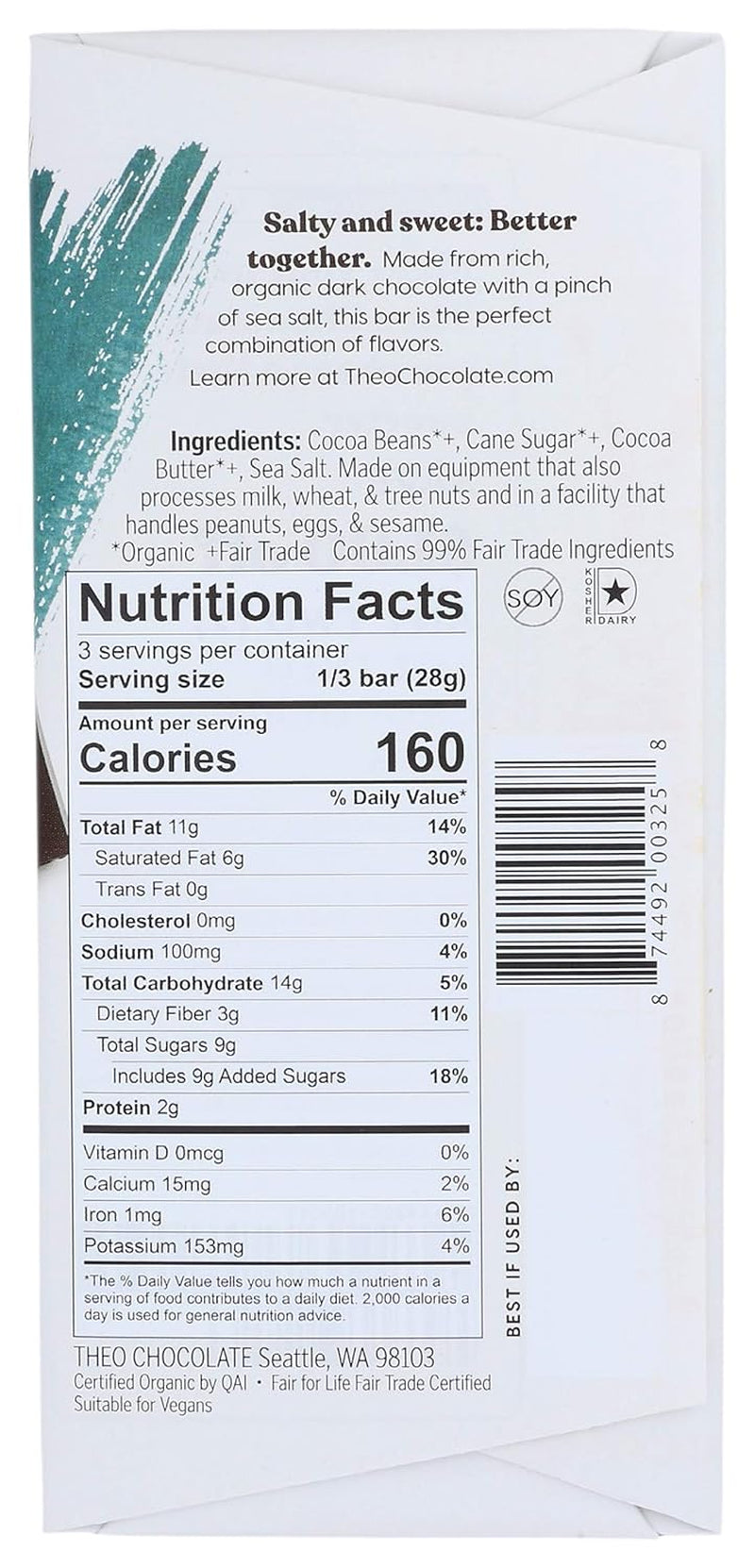 Sea Salt Organic Dark Chocolate Bar, 70% Cacao, 1 Bar | Vegan, Fair Trade