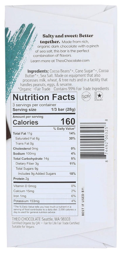 Sea Salt Organic Dark Chocolate Bar, 70% Cacao, 1 Bar | Vegan, Fair Trade
