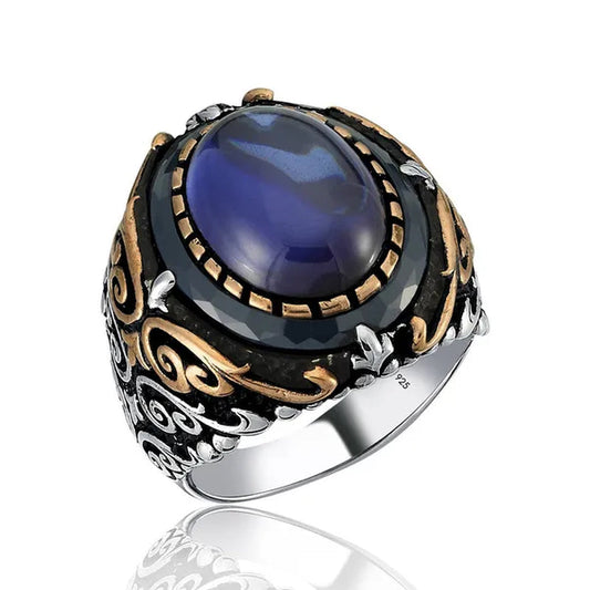 Hand Engraved 925 Sterling Silver Blue Sapphire Ring Fine Jewelry Fashion Accessory Rings For Men Gift For Him