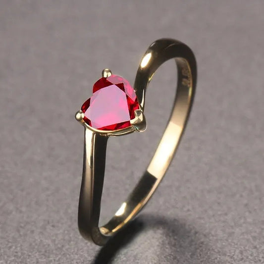 1 Pcs Women Lady Heart Ruby Birthstone Ring Elegant Crystal   Rhinestone Rings Jewelry Size 6-10