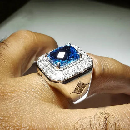 Fashion Men's Natural Sapphire Diamond Ring Vintage 925 Sterling Silver Blue Gemstone Engagement Rings Wedding Party Birthstone Jewelry Size 7-13