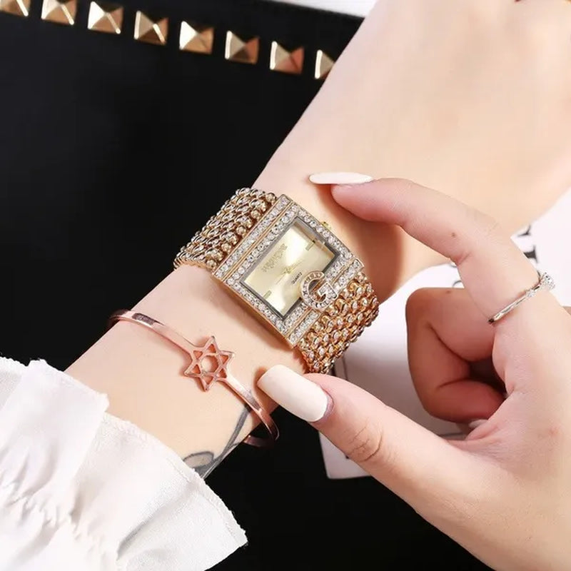 Lucky Bracelets Luxury Ladies Wrist Watch Fashion Full Diamond Gold Stainless Steel Rectangular Female Quartz Watch