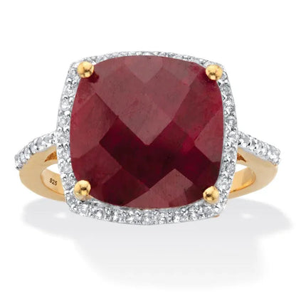 Cushion-Cut Genuine Red Ruby and White Topaz Cocktail Ring 4.25 TCW Gold-Plated or Sterling Silver