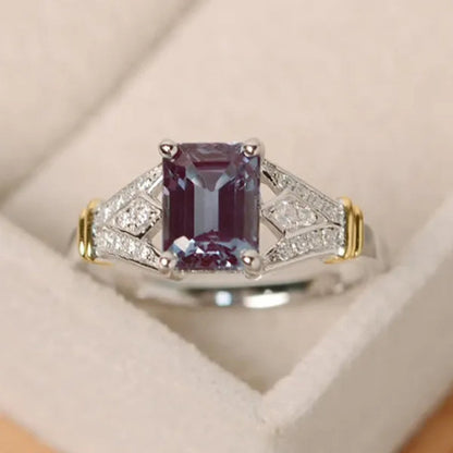 Dazzling Natural Alexandrite Diamond & Aquamarine Two Tone 925 Sterling Silver Engagement Wedding Ring for Women