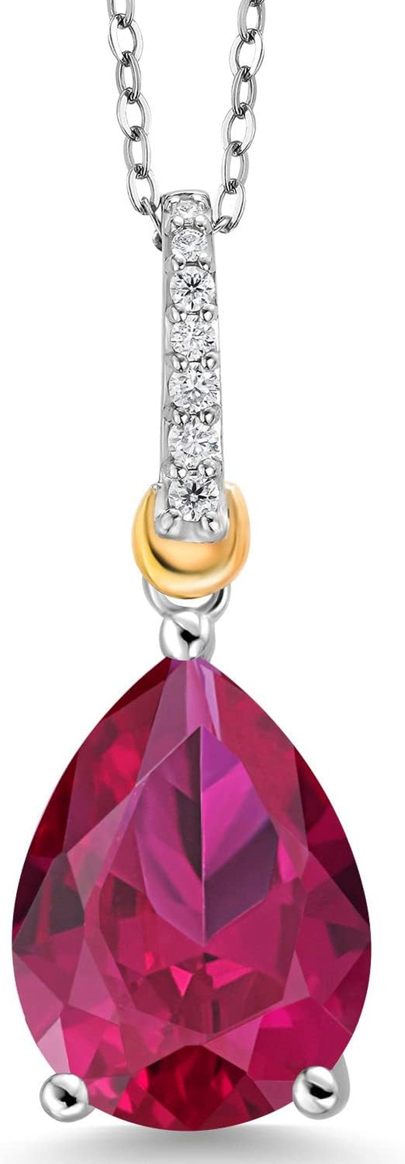 925 Sterling Silver and 10K Yellow Gold Pear Shape Red Created Ruby and White Moissanite Pendant Necklace for Women (9.68 Cttw, with 18 Inch Chain)