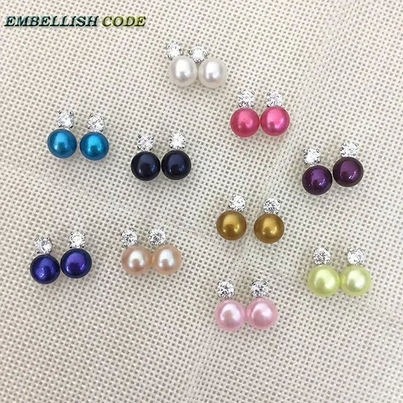 charming natural fresh water stud pearl earrings 8mm fine jewelry 925 sterling silver zirconium white black purple brown blue