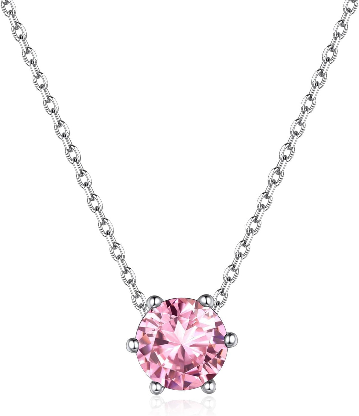 925 Sterling Silver 12 Months Sparkling round Cut Created Birthstone Pendant Necklace, 16 Inch Rolo Chain (With Gift Box)