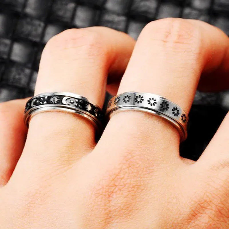 Couple Rings Rotatable Fidget Rings Stainless Steel Sun Moon Star Dot Waves Cat Pattern Spinner Ring Jewelry Gift for Women Men Boyfriend Girlfriend