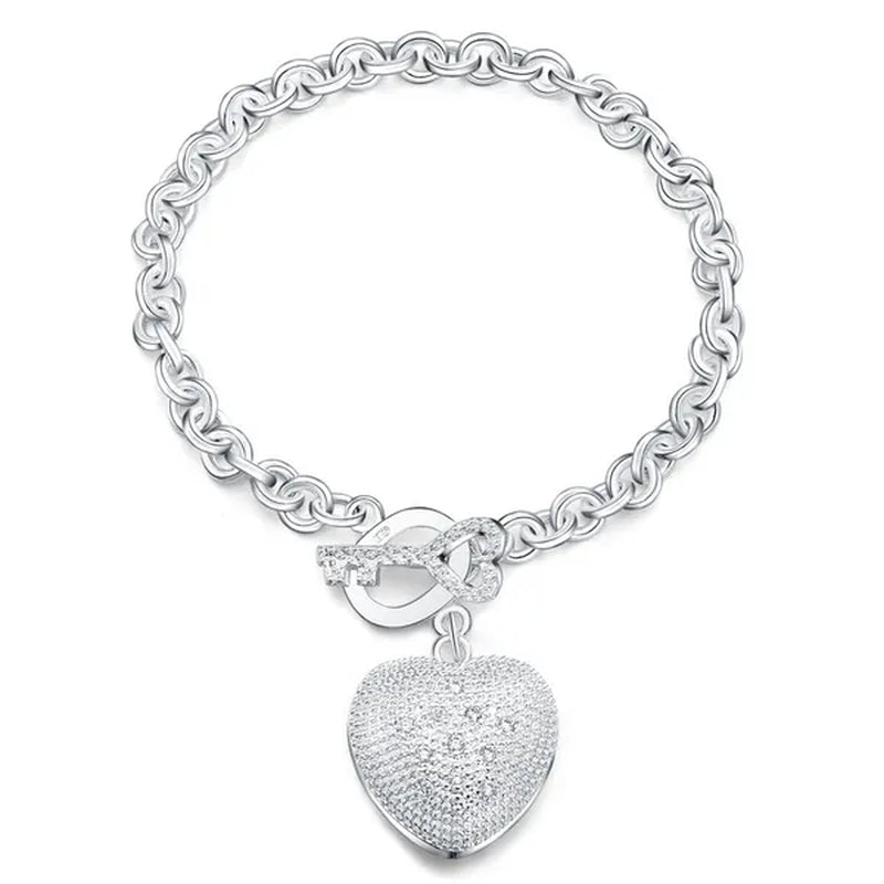 925 Sterling Silver Bracelet Jewelry Shiny Crystal Heart Key Bracelet for Women Christmas Gift
