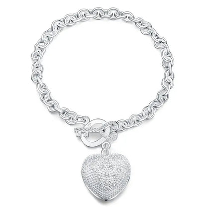 925 Sterling Silver Bracelet Jewelry Shiny Crystal Heart Key Bracelet for Women Christmas Gift