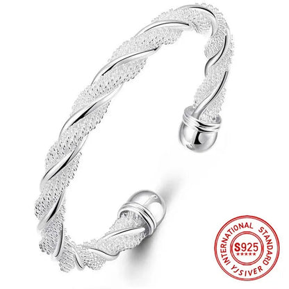 Fashion 925 Sterling Silver Cable Wire Twisted Cuff Bangle Bracelets Set for Women