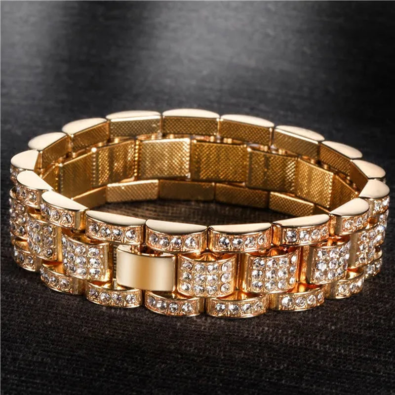 Fashion Men 24K Gold / 925 Silver Plated Solid Stainless Steel Bracelet Iced DIAMOND Link Chain Bracelet 8.26 Inch
