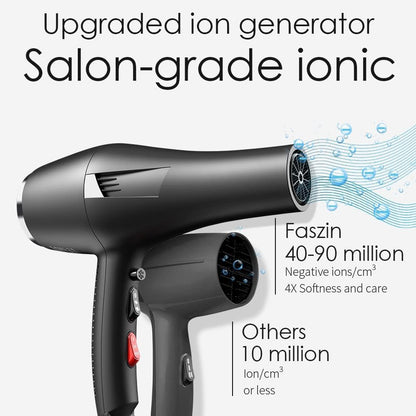Ionic Salon Hair Dryer, Professional Blow Dryer AC Motor Fast Drying with 2 Speed, 3 Heat Setting, Cool Button, with Diffuser, Nozzle, Concentrator Comb for Curly & Straight Hair-Black