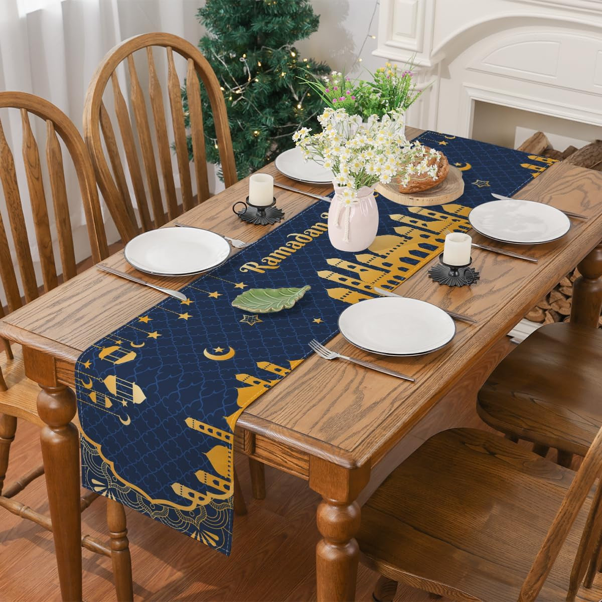 Ramadan Decorations for Home, Ramadan Table Runner Eid Mubarak Mosque Muslim Islamic Golden Moon Religious Table Runner Holiday Decor Dining Table Decoration (13'' X 48'')