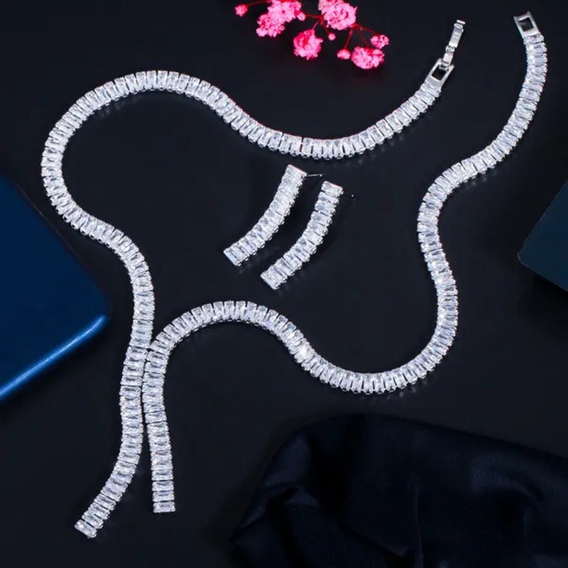 Gloriya Baguette Cut Cubic Zirconia Evening Jewelry Set Blue Stone Wedding Tennis Necklace and Drop Earrings for Brides