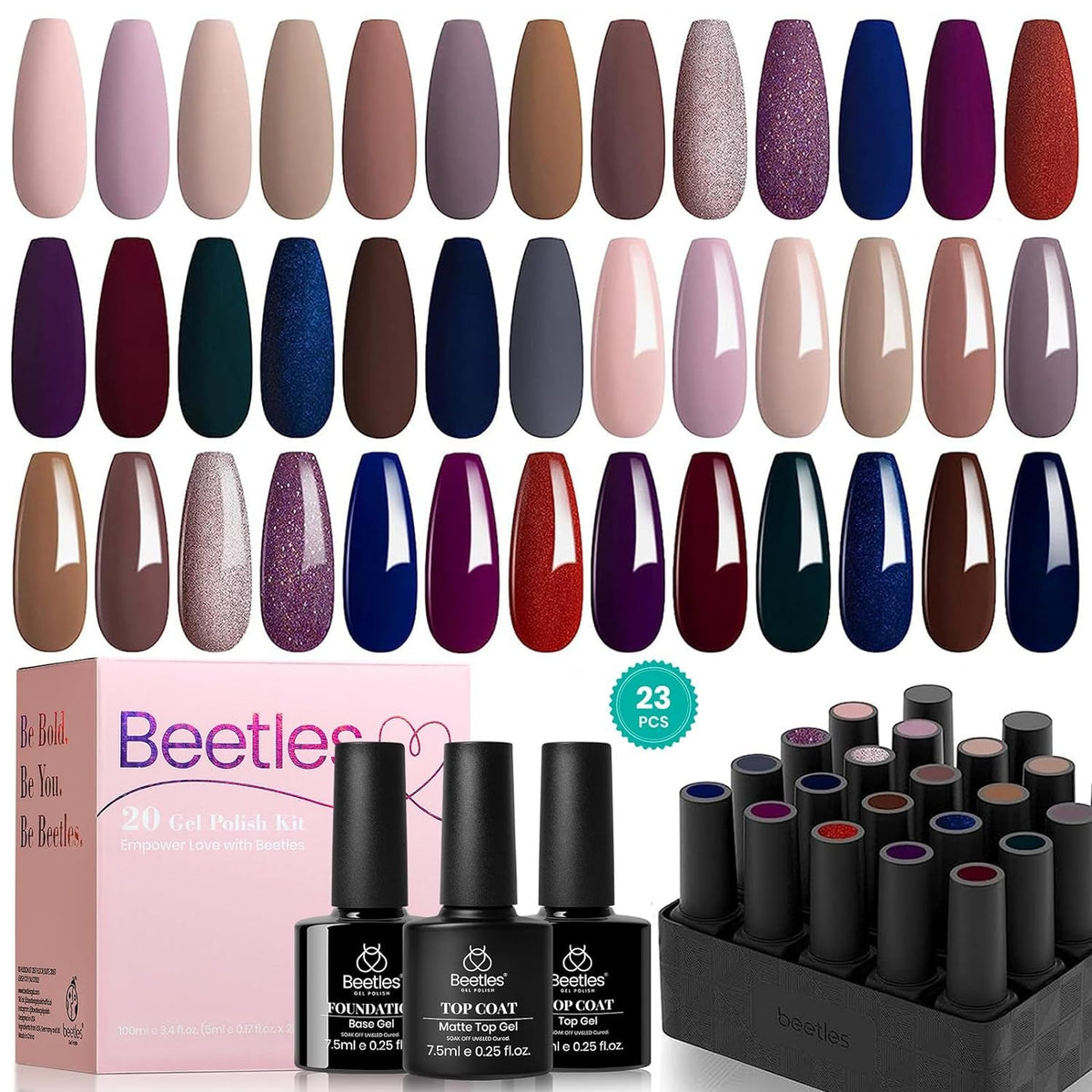 Beetles 23Pcs Gel Nail Polish Kit with Glossy Matte Top Coat and Base Coat Girls Night Collection White Nude Gray Glitters Gel Nail Polish Set U V Soak Off Holiday Manicure for Women Girls