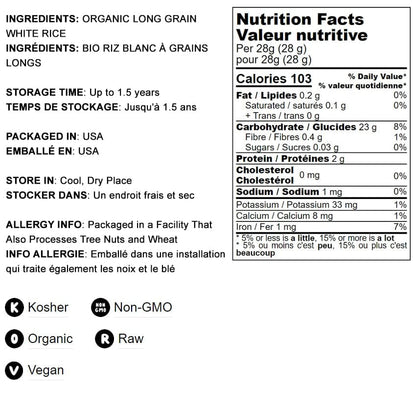 Organic Long Grain White Rice, 5 Pounds – Non-Gmo, Vegan, Kosher. Easy to Cook. Stays Separate and Fluffy. Low in Fat. Contains Iron. Perfect for Stuffing, Pilafs, Salads.