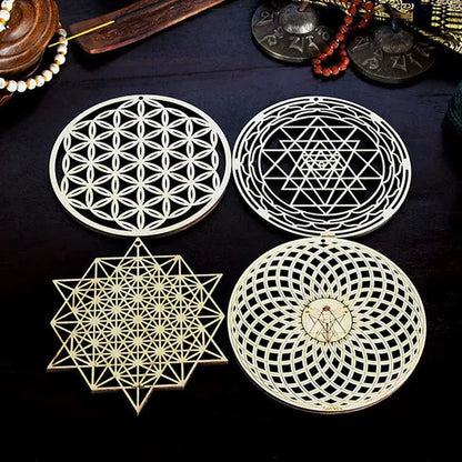 1 PC Making Sacred Geometry Ornament Laser Cut Handmade Coasters Wood Wall Art Home Decor Wooden Wall Sign Flower Of Life Energy Mat Flower of Life Shape Slice Wood Base