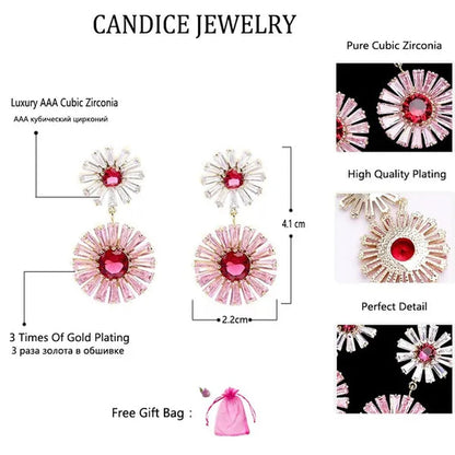 CANDICE High Quality 18K Yellow Gold Plating Gorgeous Women Pink Flower Dangling Earrings Pave Clear Red Cubic Zirconia Dancing Party Jewelry Accessories