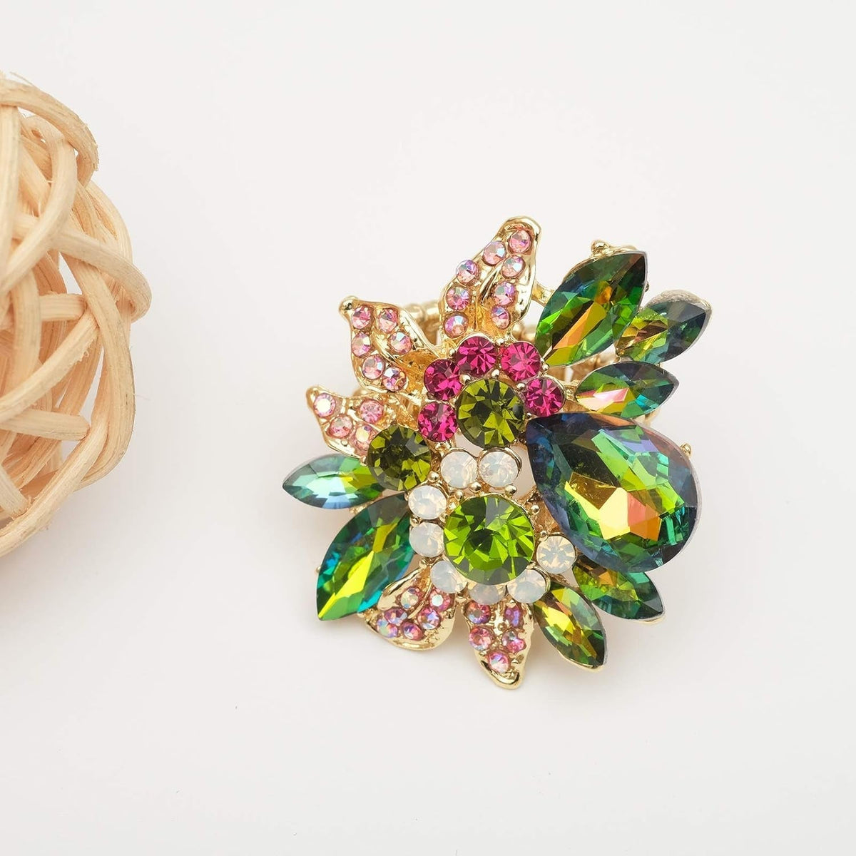 Luxury Women'S Austrian Crystal Leaves Flower Big Cocktail Statement Rings Stretch Adjustable Ring Jewelry Accessories