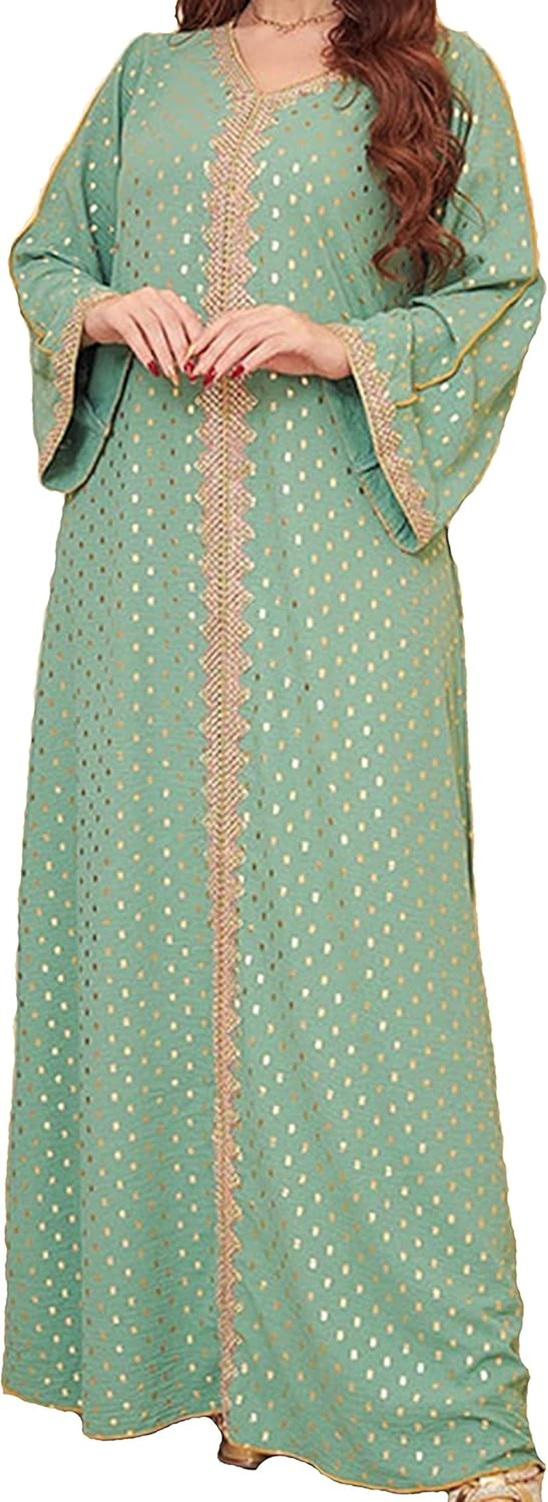 Women'S Muslim Abaya Dress V Neck Bronzing Long Sleeves Elegant Prayer Wear Daily Casual Dress