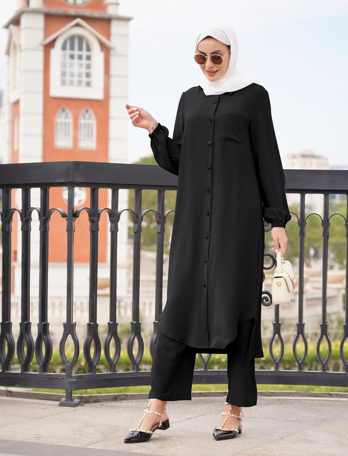 Prayer Clothes for Muslim Women 2 Piece Long Sleeve Button down Shirt Dress Wide Leg Pants Abaya Dress for Women Islamic Clothes Middle East Ramadan Muslim Dresses Eid Dresses for Women Black L