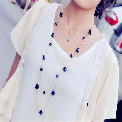 Women's Square Long Chain Sweater Necklace Fashion Double Long Tassel Necklace