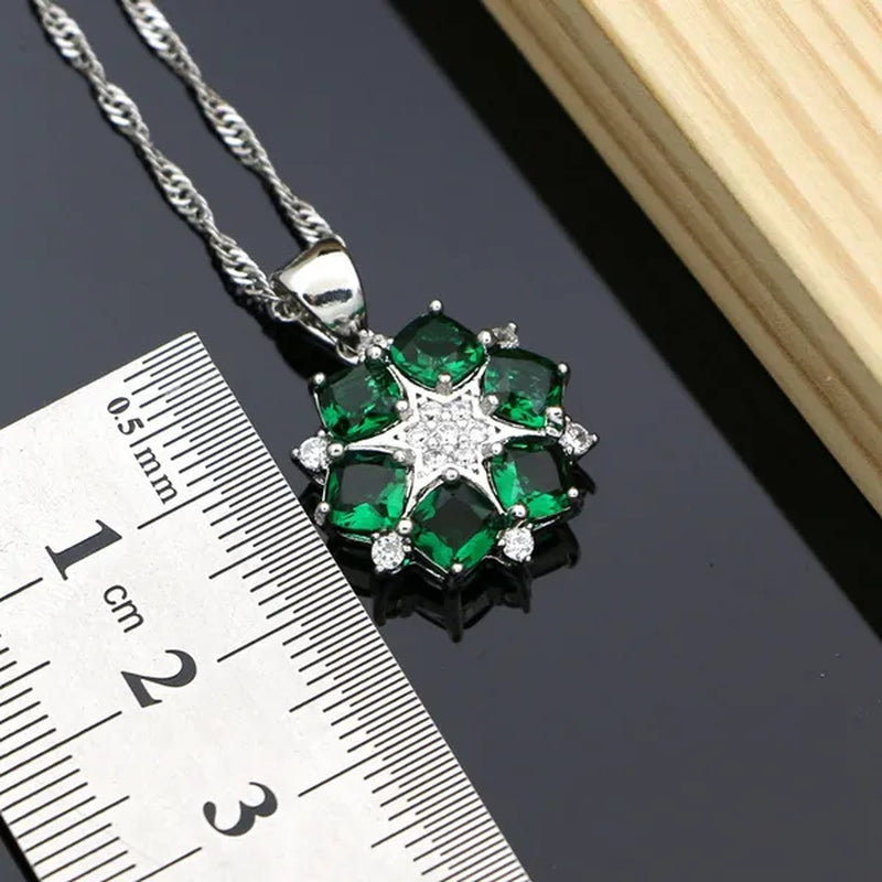 Flower Shaped 925 Silver Jewelry Green Emerald White Crystal Jewelry Sets Women Earrings/Pendant/Necklace/Rings/Bracelet