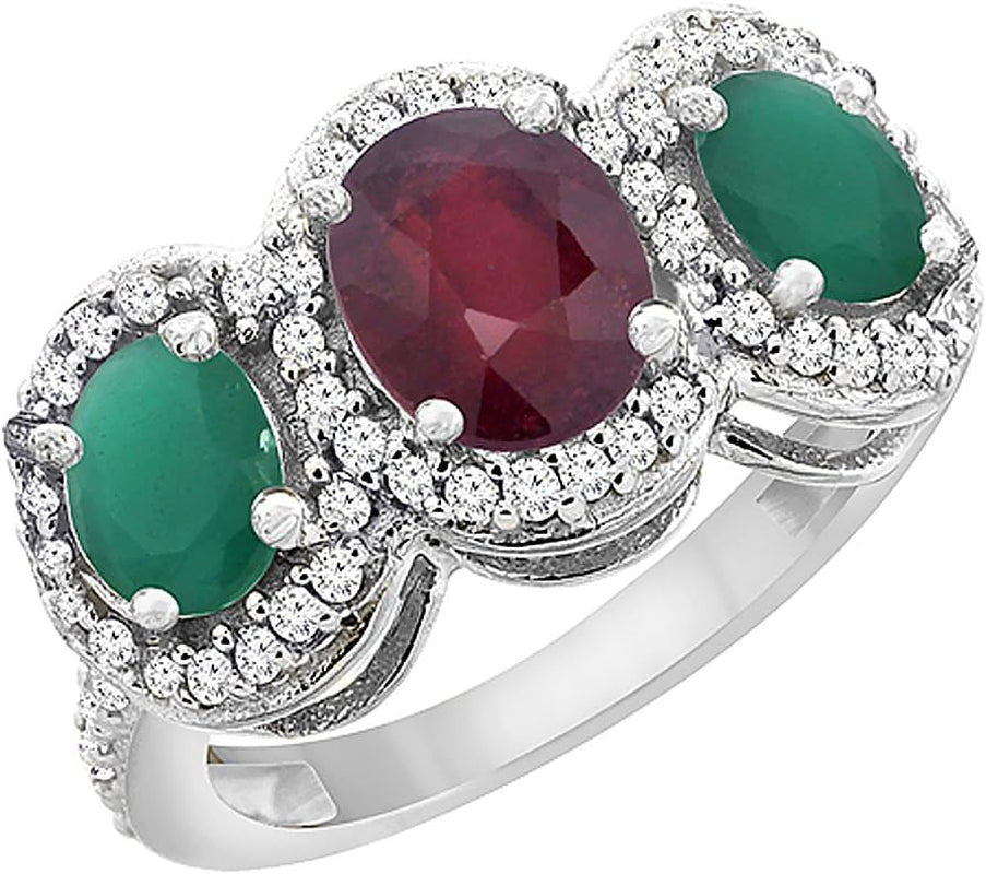 14K White Gold Enhanced Ruby & Cabochon Emerald 3-Stone Ring Oval Diamond Accent, Sizes 5-10