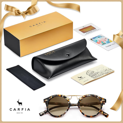 Small Acetate Polarized Sunglasses for Women UV Protection, Retro Double Bridge Eyewear Metal Brow Round Sunnies