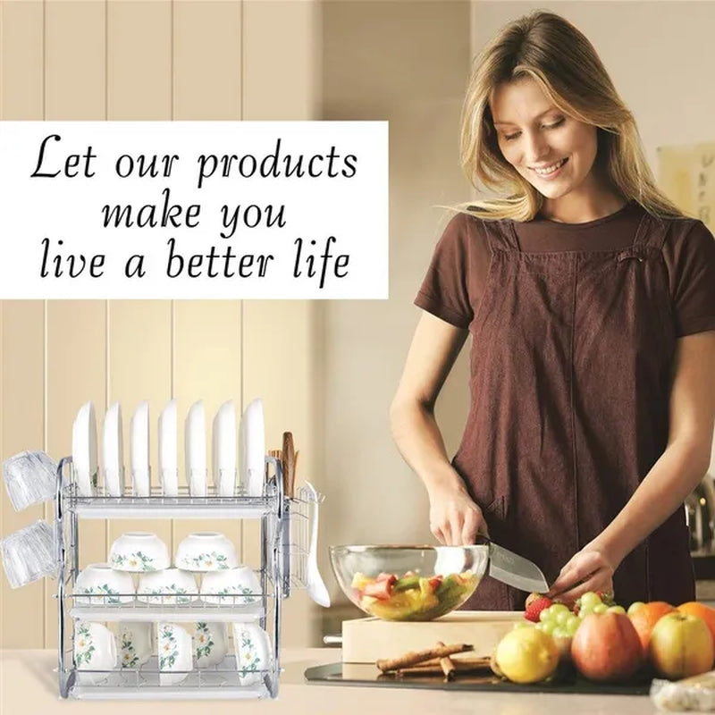 Dish Drying Rack 3-Tier Dish Drainer Rack Kitchen Storage with Drainboard and Cutlery Cup Dish Shelf Tableware Holder