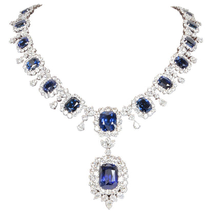 Important 75.5ct Cushion Cut Sapphire and 45ct Diamond Platinum Necklace