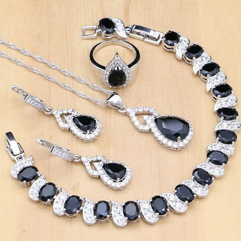 925 Silver Jewelry Sets Blue Sapphire White Topaz Open Rings Earrings Pendant Necklace Bracelet For Bridal  Women