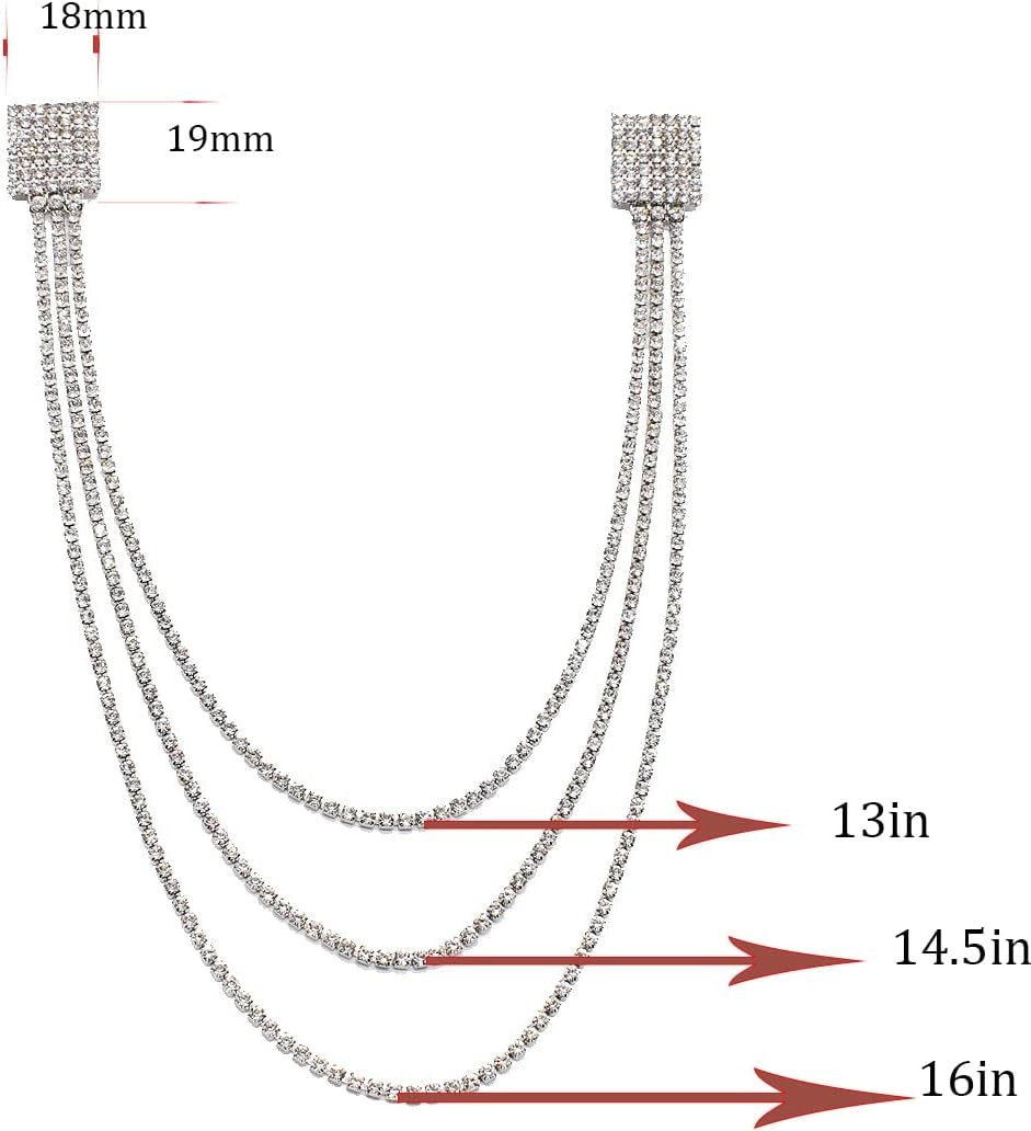 Rhinestone Geometric Tassel Lapel Brooch Pin Long Chain Multi-Layered Full of Crystal Square Pins Clip Dress Sweater Collar Jackets Suit Brooches Pins Fashion Jewelry Gifts for Women Girls Accessories