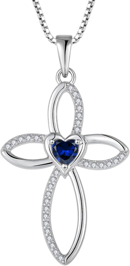 Celtic Knot Cross Necklace Sterling Silver Crucifix Pendant Heart Birthstone Religious Jewelry for Women