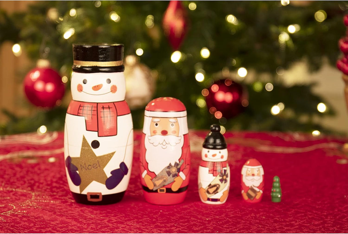 5 Pcs Handmade Wooden Russian Matryoshka Nesting Dolls Set, Traditional Christmas Home Decoration, Snowman