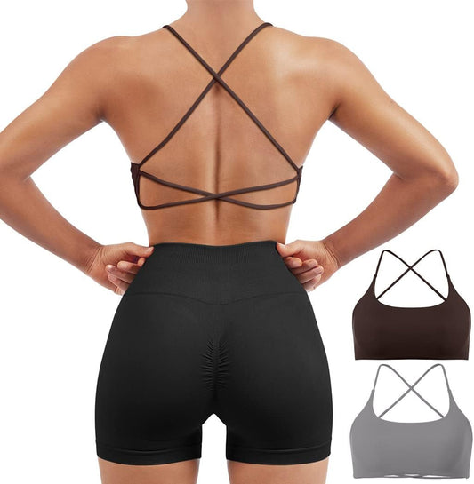 Women 2 Piece Open Back Sports Bra Pack Strappy Workout Gym Yoga Crops