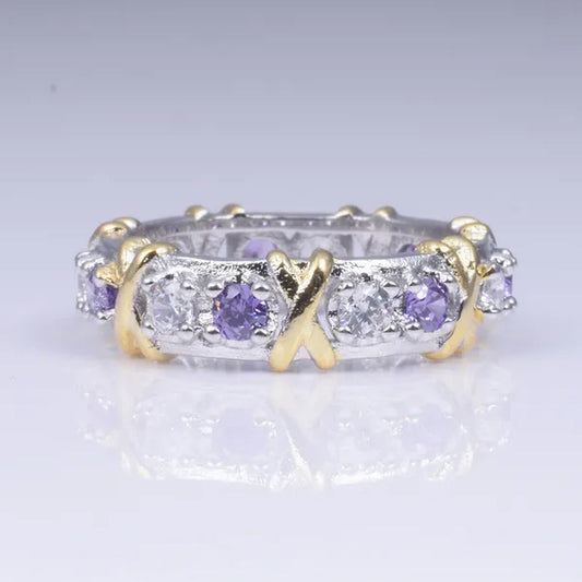 Brand Jewelry Lady's 925 Sterling Silver pink Tanzanite Couple rings Yellow Gold Cross Eternal Wedding Ring for Women