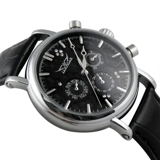 JARAGAR Automatic Mechanical Genuine Leather Strap Wrist Watch Luxury Gift For Men Fashion White Crystal Diamond Jewelry Accessories