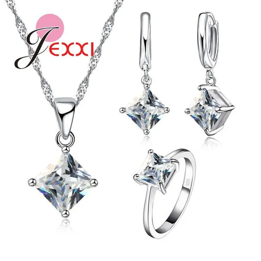 Elegant Wedding Bridal Jewelry Necklace Earring Ring Set For Women Fashion Silver Chain Crystal Pendant Birthday Gifts